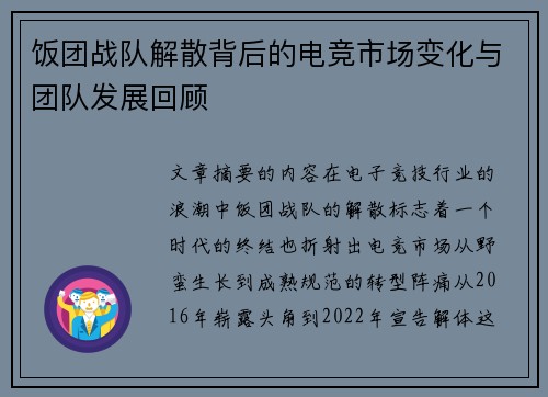 饭团战队解散背后的电竞市场变化与团队发展回顾